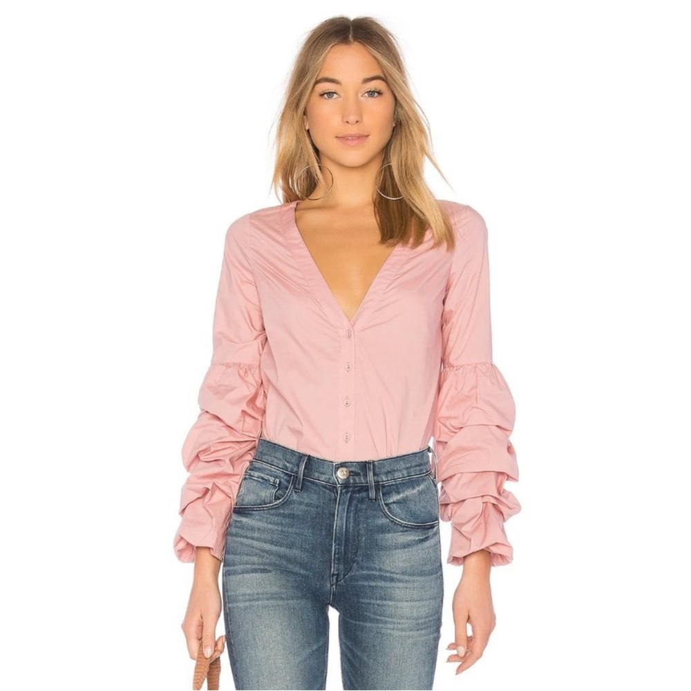 L'Academie - Revolve Pink Emma Ruched Long Sleeve Blouse Top